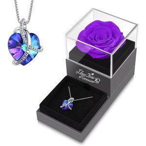Preserved Real Purple Rose with Heart I Love You Necklace -Eternal Flowers Rose